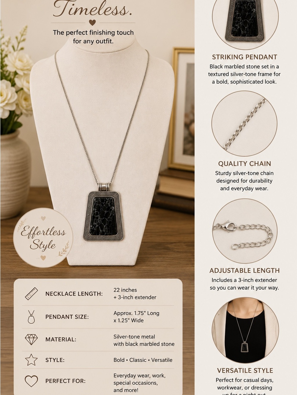 paparazzi Silver-Tone Necklace with Black Marbled Pendant